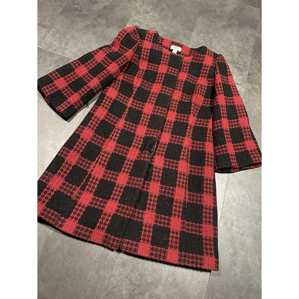 Ann Taylor Loft‎ Pea Coat Plaid Black Red Wool Blend Long Jacket Sz 10. -200